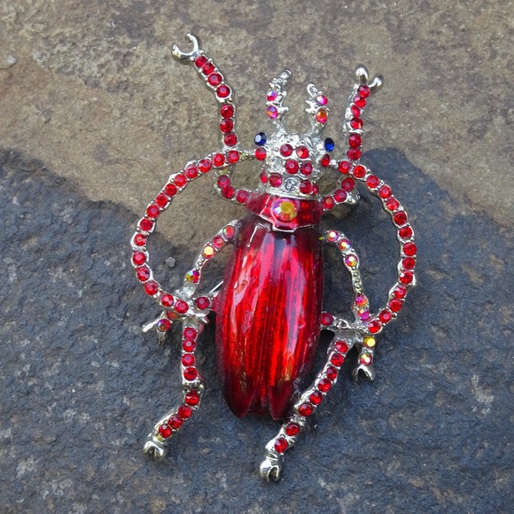 Alilang Enamel Handpainted Ruby Red Bejeweled Beetle Bug Insect Brooch Pin - Picture 2 of 8